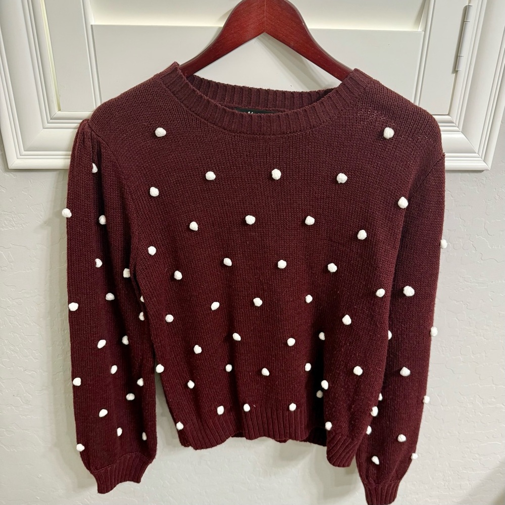 Red and White Crew Neck Sweater with Polka Dots